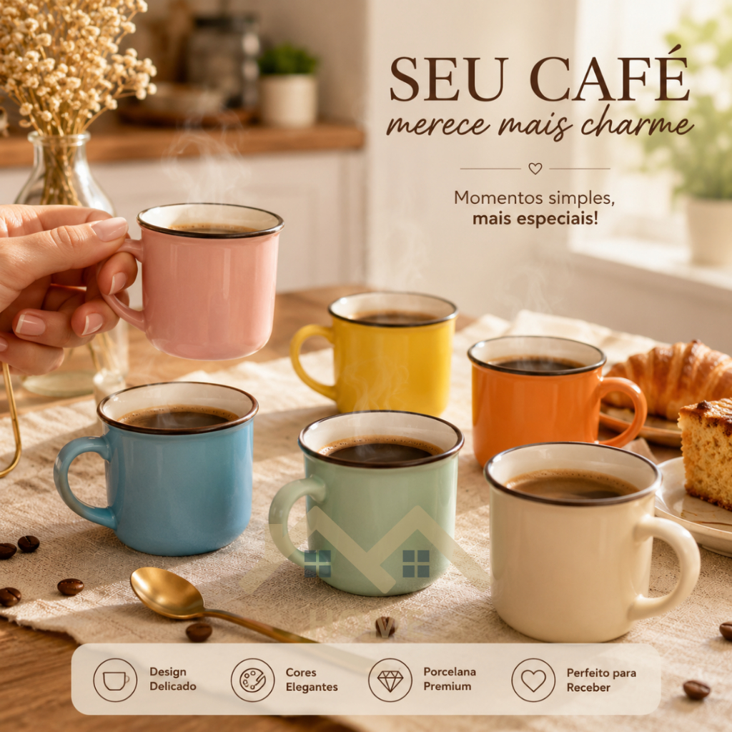 Kit 6 Mini Canecas Xícara 50ml Café Expresso Porcelana Colorida Delicada Decoração Cantinho do Café