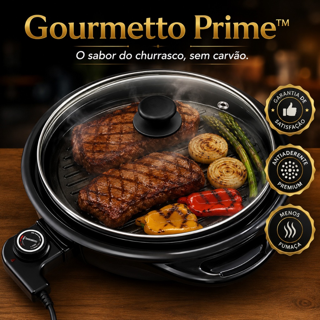 Grill Elétrico Redondo 127V/220V 1200W Antiaderente com Tampa de Vidro Controle Temperatura Gourmetto Prime Preto