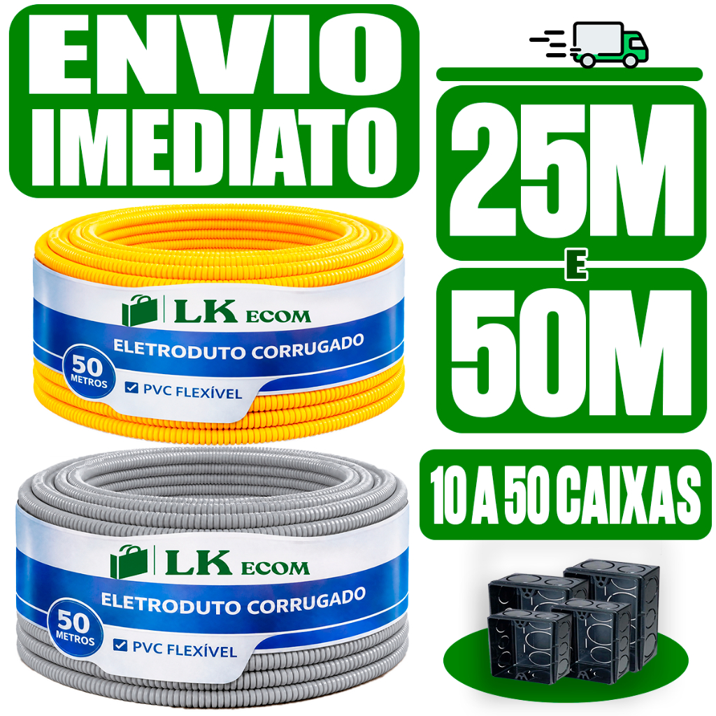 Conduite Corrugado Eletroduto Flexível PVC 3/4 25 á 50 Metros 10 á 50 Caixas 4x2 Rolo Reforçado