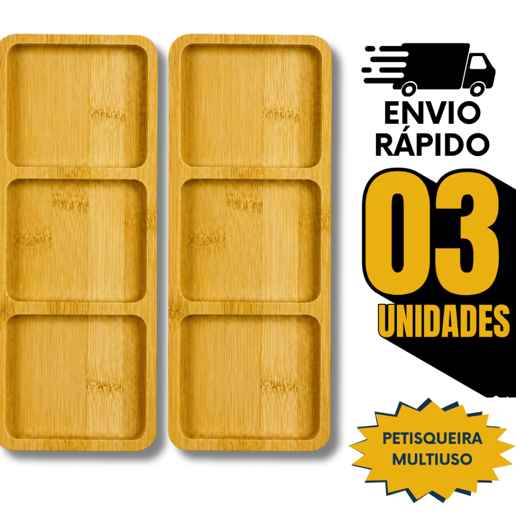 Combo Petisqueira Retangular Bambu 3 Divisórias Resistente Frios Queijo Aperitivo Cozinha Utilidades
