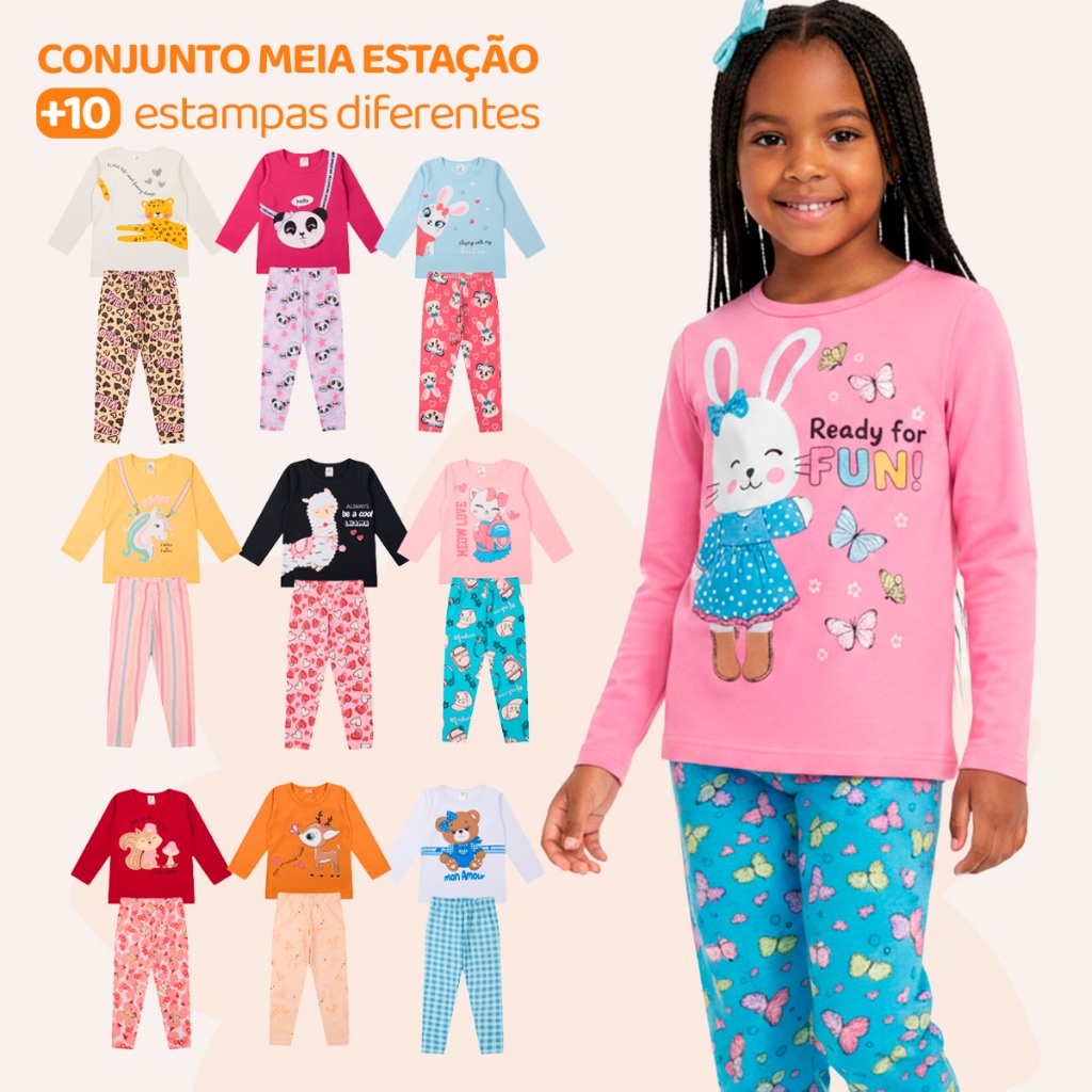 Kit Sortido 4 Peças de Roupas Feminino Infantil Inverno e Meia Estação – 2 camisas manga longa + 2 calças legging