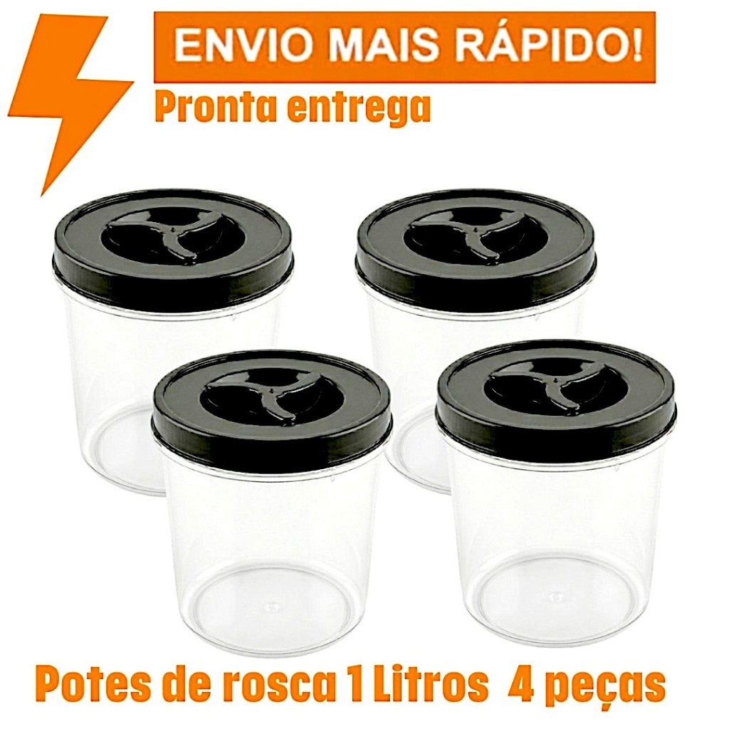 Kit 4 Potes De Plástico 1 Litro Com Tampa De Rosca Organizador De Cozinha Armário