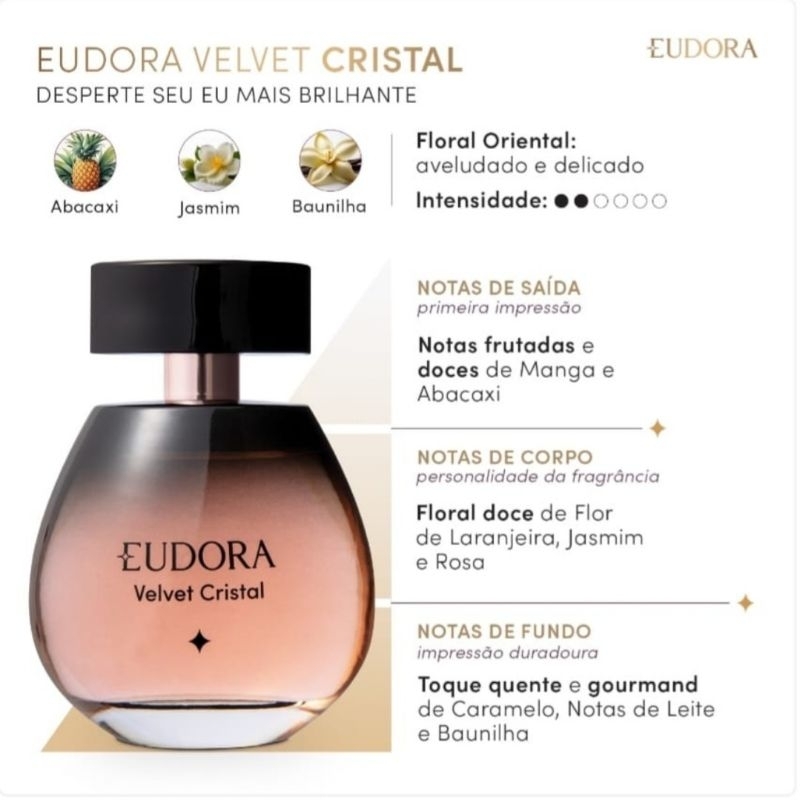 Perfume Colônia Feminino Velvet Cristal 100ml Eudora Validade 10/29.