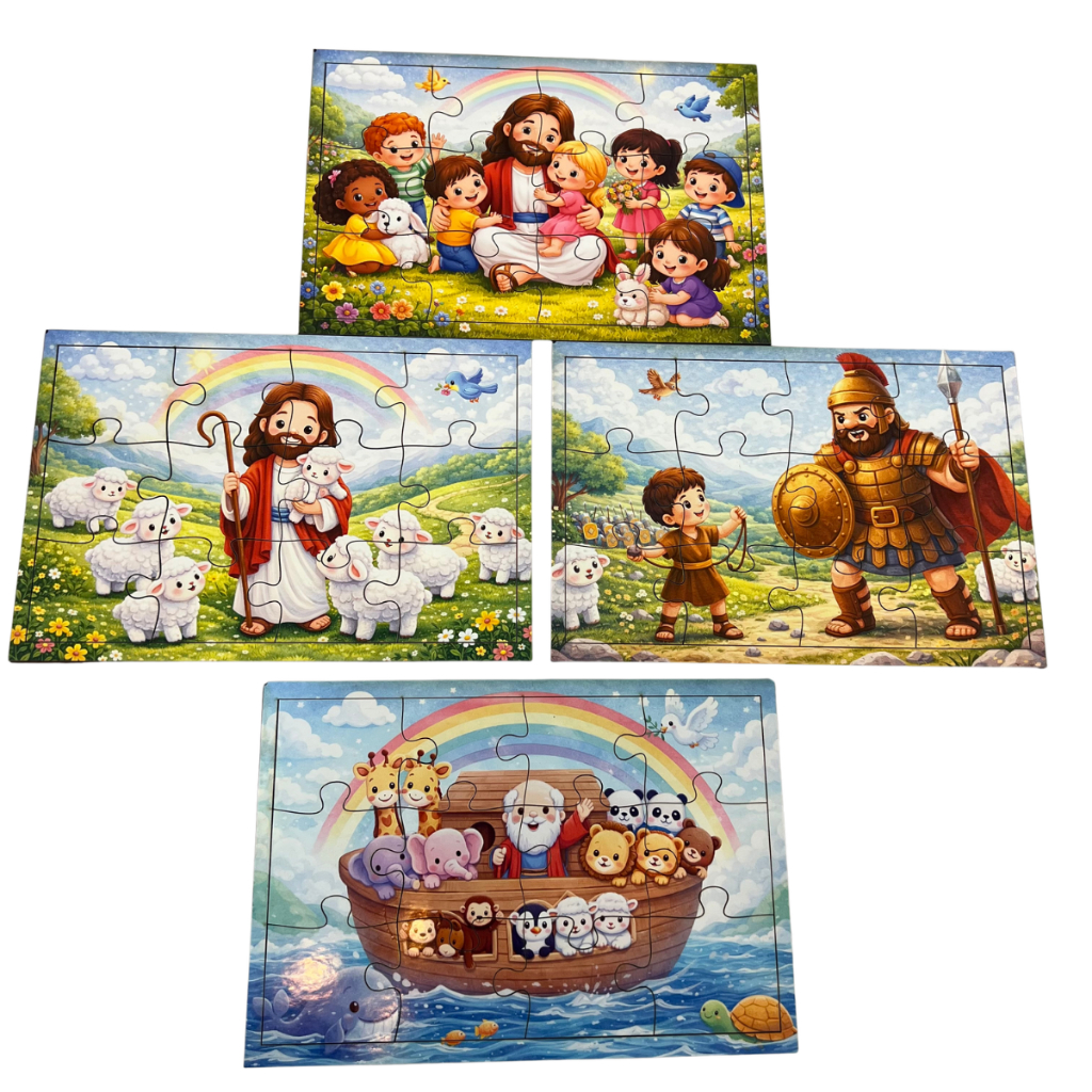 Quebra-Cabeça Infantil Cristão MDF 12 Peças Educativo Arca de Noé Jesus Crianças Davi e Golias