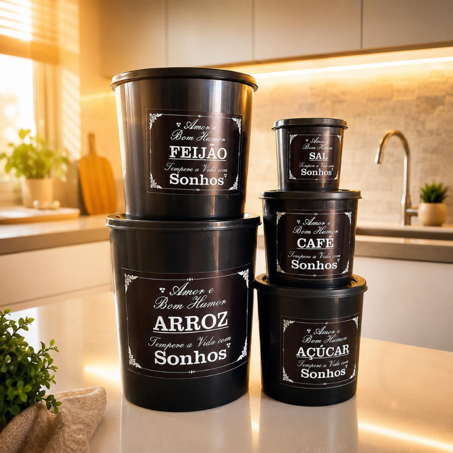 Kit Potes Mantimento 5 Peças Redondo de Plástico Decorado Frases Armazenamento de Alimentos