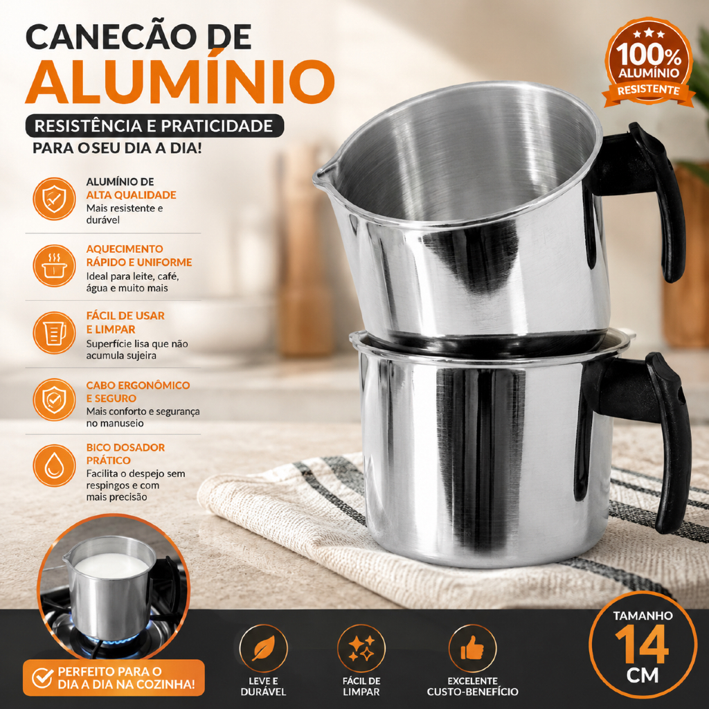 Canecão Leiteira de Alumínio Polido Para Leite Café Chá e Água