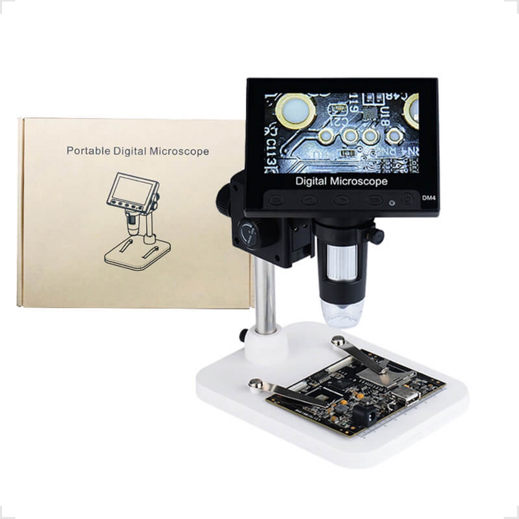 Microscópio Eletrônico Digital USB VGA DM4 2MP 500X/1000X com Tela LCD 4,3"