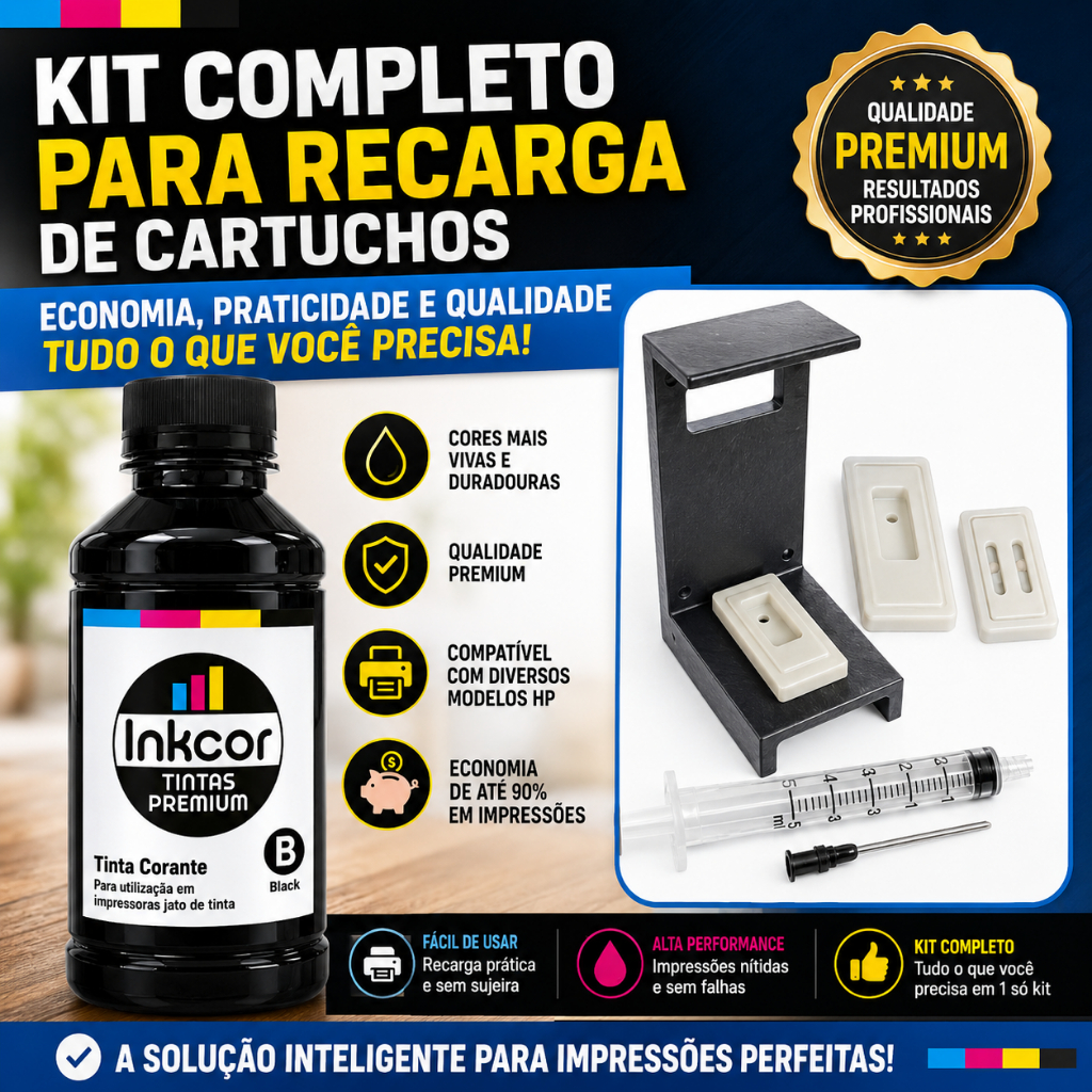 Tinta Inkcor para Recarga de Cartuchos Compativel com Impressora HP Cartucho 668 667 664 662Preto