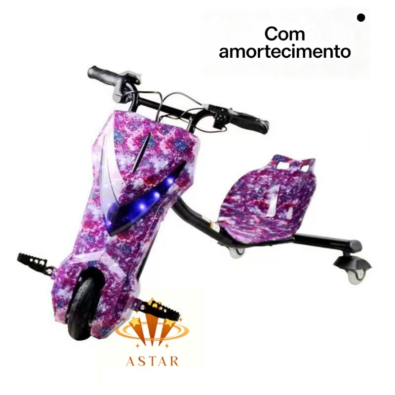 Triciclo Infantil Elétrico Com Amortecimento 8.5 polegadas Roxo Drift Bluetooth + LED 3 Velocidades