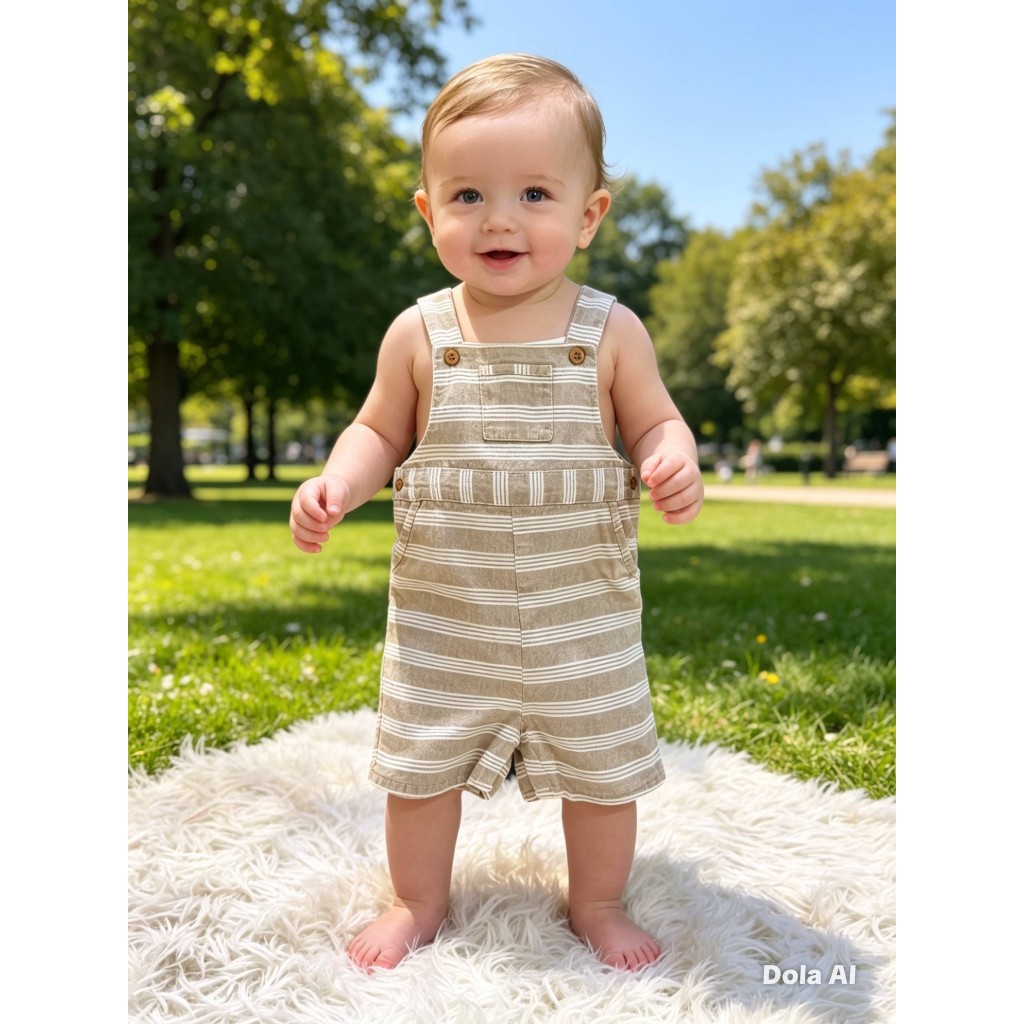 Jardineira Infantil Masculina, Modelo Curta, Algodão Bege Listrada, Tam: 6 a 12 Meses, Marca: Dmbauer