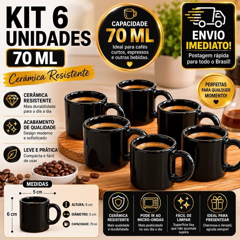 Kit Conjunto 6 Peças Caneca Gole Colours 70 Ml Cerâmica Resistente Dia a Dia Utilidades Café Chá