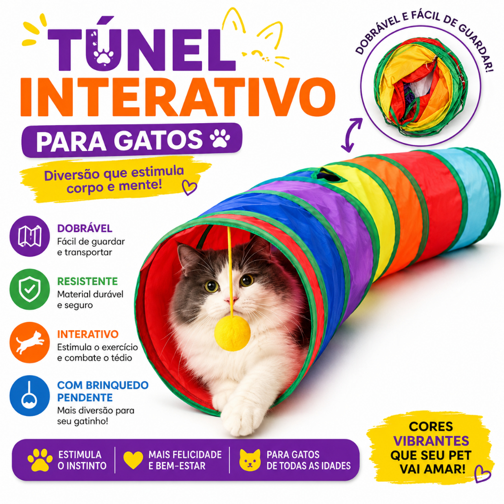 Túnel Colorido Gato Interativo Cachorro Labirinto Dobrável Pet Playground Toca Brinquedos Gatos