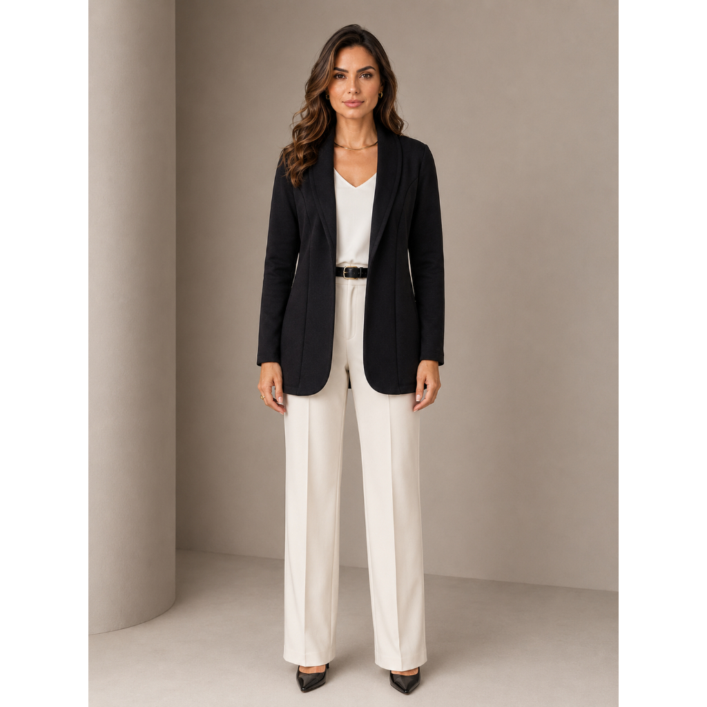 Blazer Feminino Preto Alongado de Neoprene Social Elegante Moderno para Trabalho Básico Inverno Sofisticado