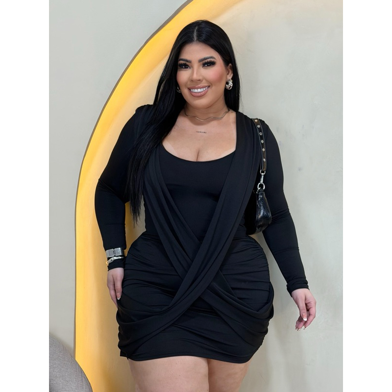 Vestido Drapeado Manga Longa Plus Size Noite Festa G2 Sensual balada Cropped Luxo premim luxo alfaiataria Curto modela