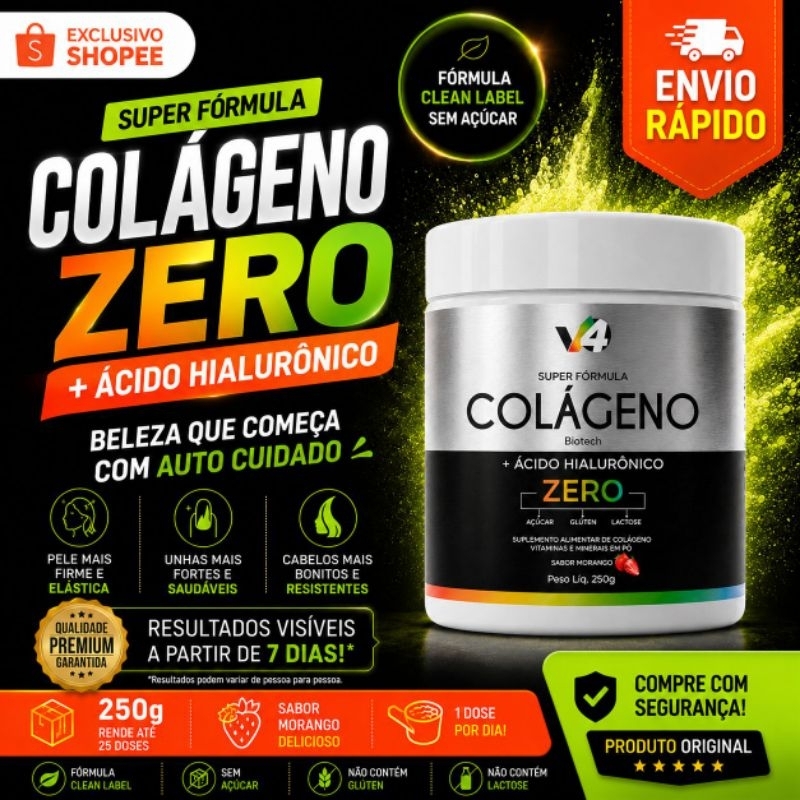 Colágeno + Acido Hialurônico V4 Biotech 250g Sabor Morango