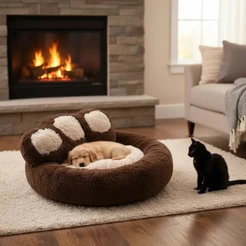 Cama Pet Donut Nuvem de Pelúcia Formato Pata Redonda para Cachorros e Gatos com Fundo Antiderrapante