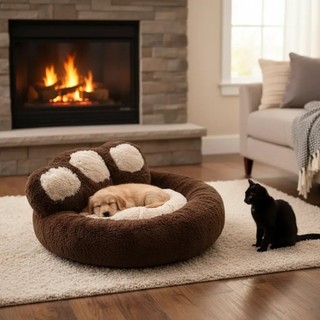 Cama Pet Donut Nuvem de Pelúcia Formato Pata Redonda para Cachorros e Gatos com Fundo Antiderrapante