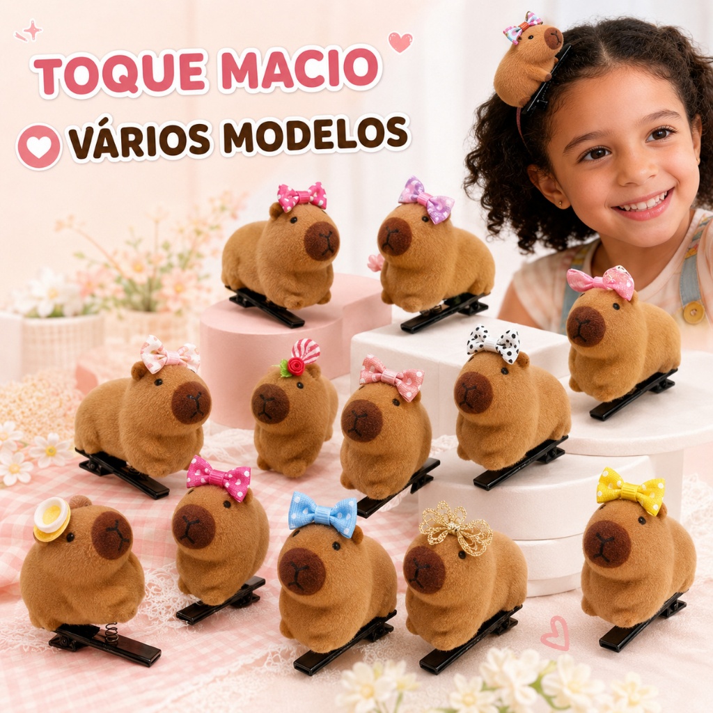 Kit Presilha De Cabelo Capivara 3D Com Mola Infantil Bico De Pato Fofo Menina Acessorio Pelucia Estampa Variada Top
