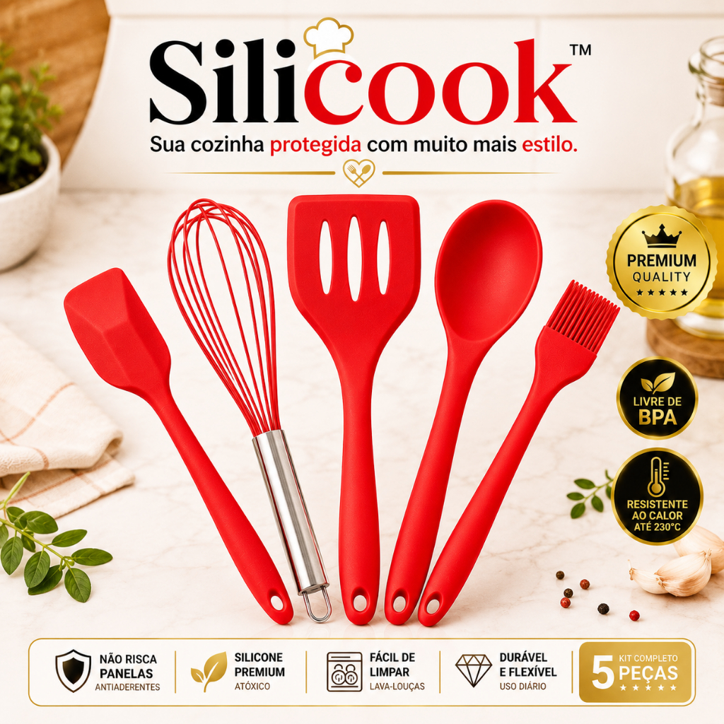 Kit Utensílios Silicone 5 Peças Silicook™ Resistente ao Calor Flexível BPA Não Risca Panelas Antiaderentes