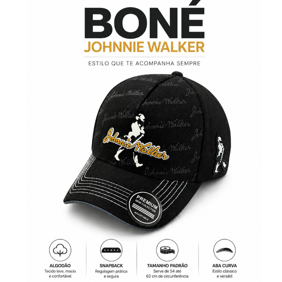 Boné Johnnie Walker Preto Aba Curva Snapback Regulável Masculino Premium Boné Whiskey Boné Country