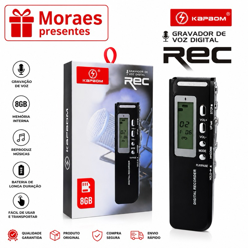 🎙️ Gravador de Voz Digital Kapbom REC 8GB. Compacto, prático, grava áudio e reproduz músicas MP3.