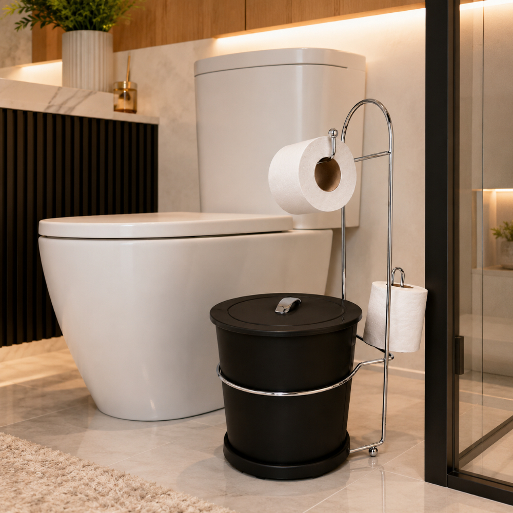 Suporte de Chão para Papel Higiênico com Lixeira 6L Niquelart Moderno e Elegante N371