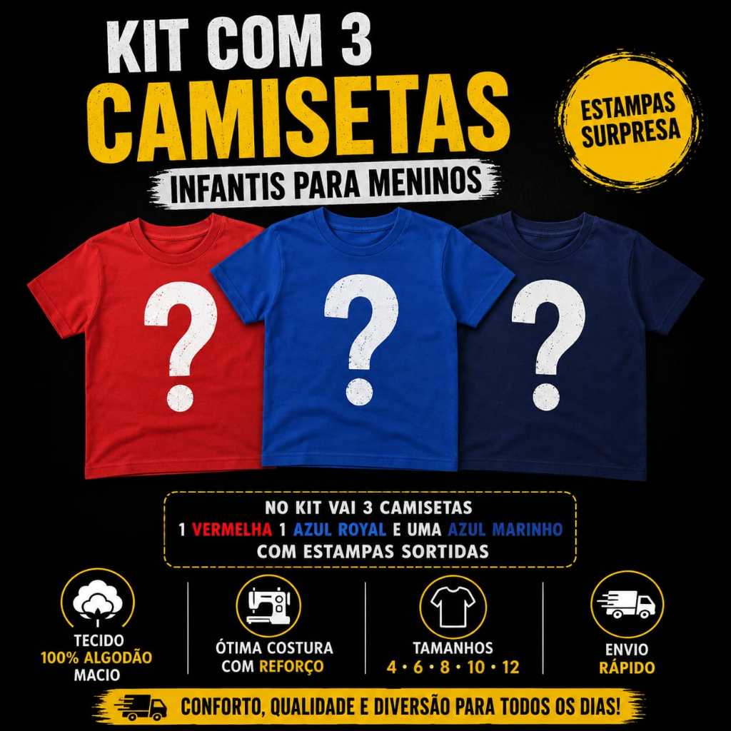 kit 3 camisetas blusas 100% algodão para meninos, roupa barata tamanhos 4 6 8 10 12