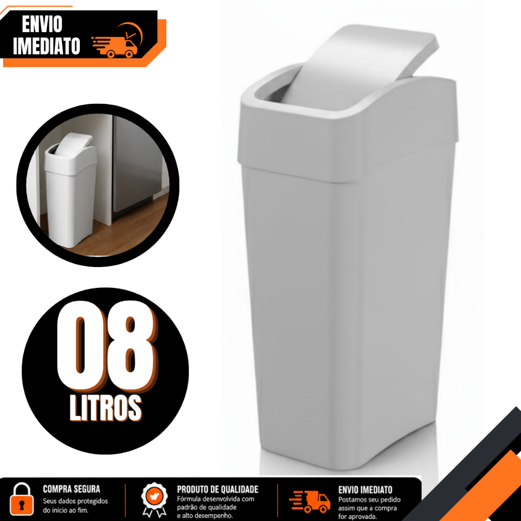 Lixeira Basculante Astra 8L Plástico Branco Tampa Prática Cozinha Banheiro Escritório Durável