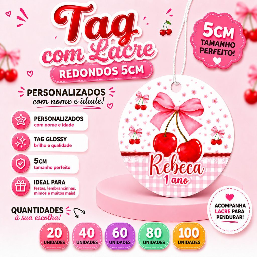 Tag com Lacre Cereja Cerejinha – Decoração Festa – ENVIO RÁPIDO