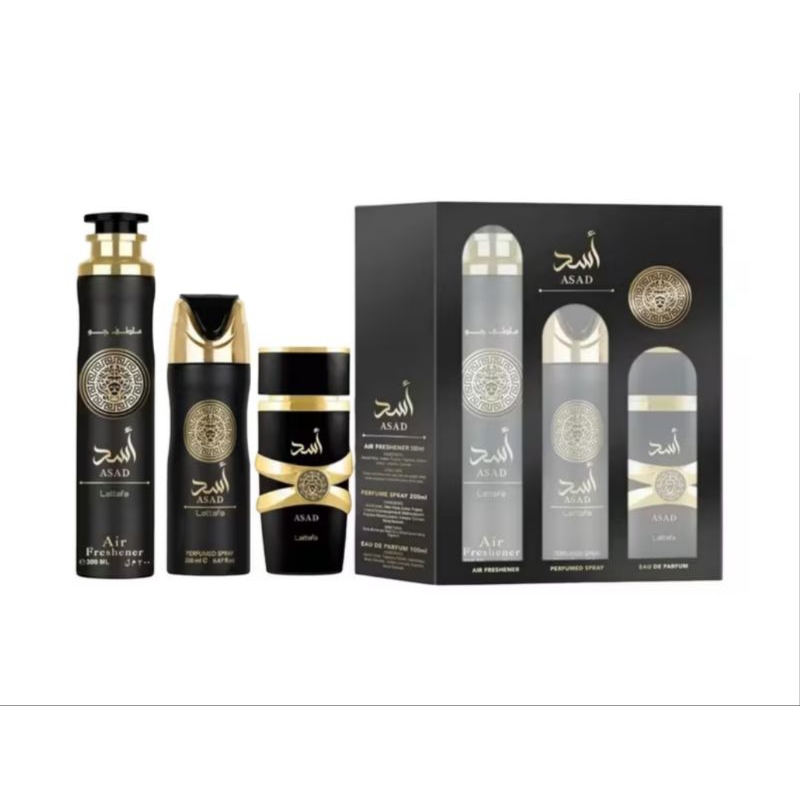 Kit Perfume Árabe Asad 3 em 1 Masculino - Eau de Parfum 100ml + Body Spray 200 ml + Aromatizador de Ambiente 300ml