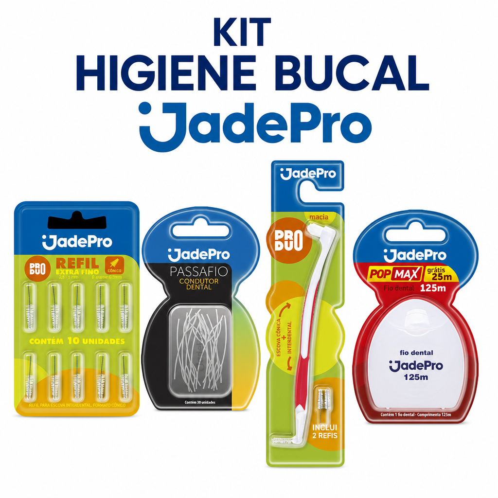 Kit Higiene Bucal JadePro Escova Interdental + 12 Refis + Passa Fio + Fio Dental 125m