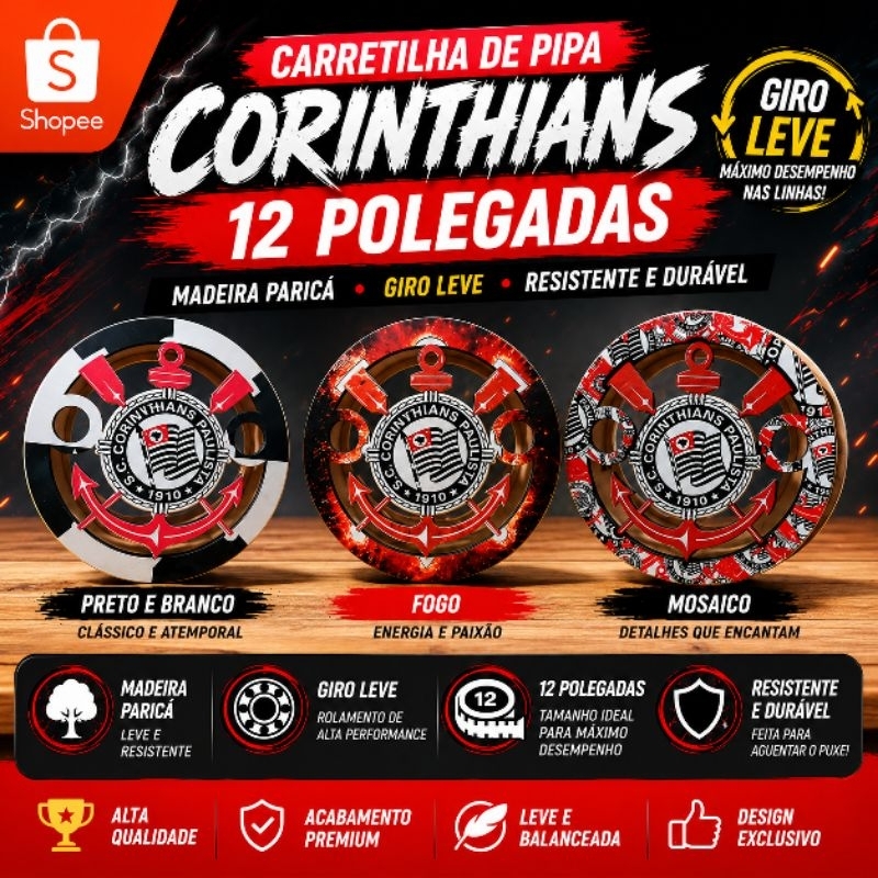 Carretilha Pipa 12 Polegadas Madeira Reforçada Giro Leve Profissional carretilha pipa leia a descrição