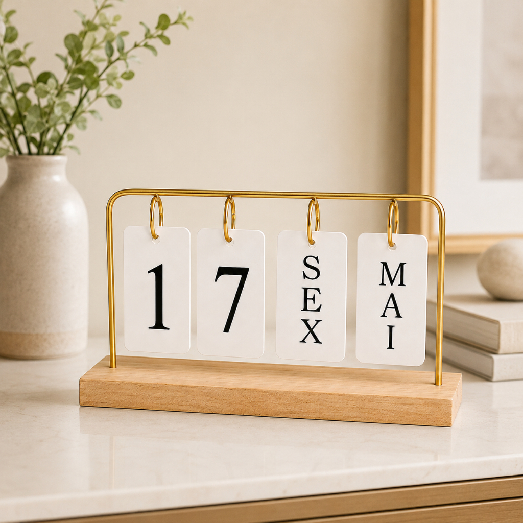 Calendário de Mesa Permanente com Plaquinhas Decorativo Luxo em Madeira  Dourado Preto para Escritório Casa