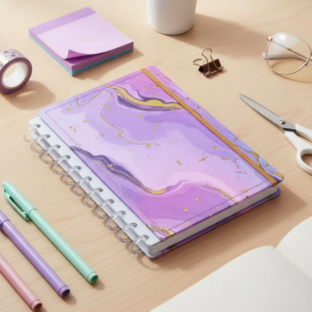 Caderno Gran Lilás Com Detalhes Dourados Médio M Disco Reposicionável Capa Dura Disko para dia a dia