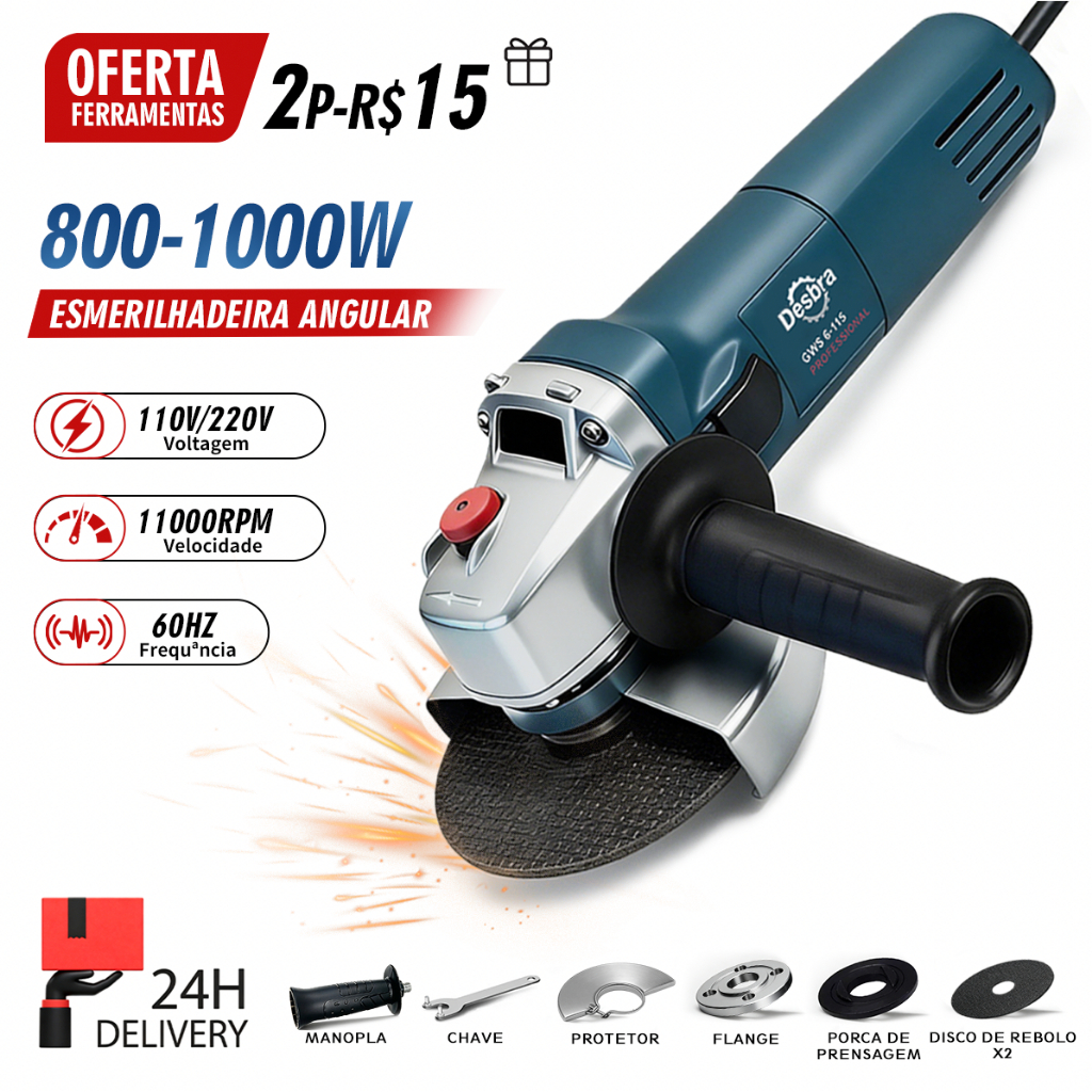 Esmerilhadeira Angular Profissional 800-1000W 125mm Bivolt 110/220V 11000RPM Para Cortar e Lixamento