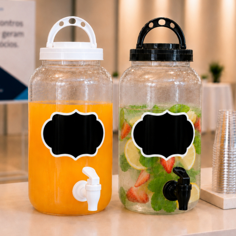Suqueira Plástico 3,6L Preto Branco Torneira com Lousa Suco Evento Dispenser Tampa Produto Limpeza