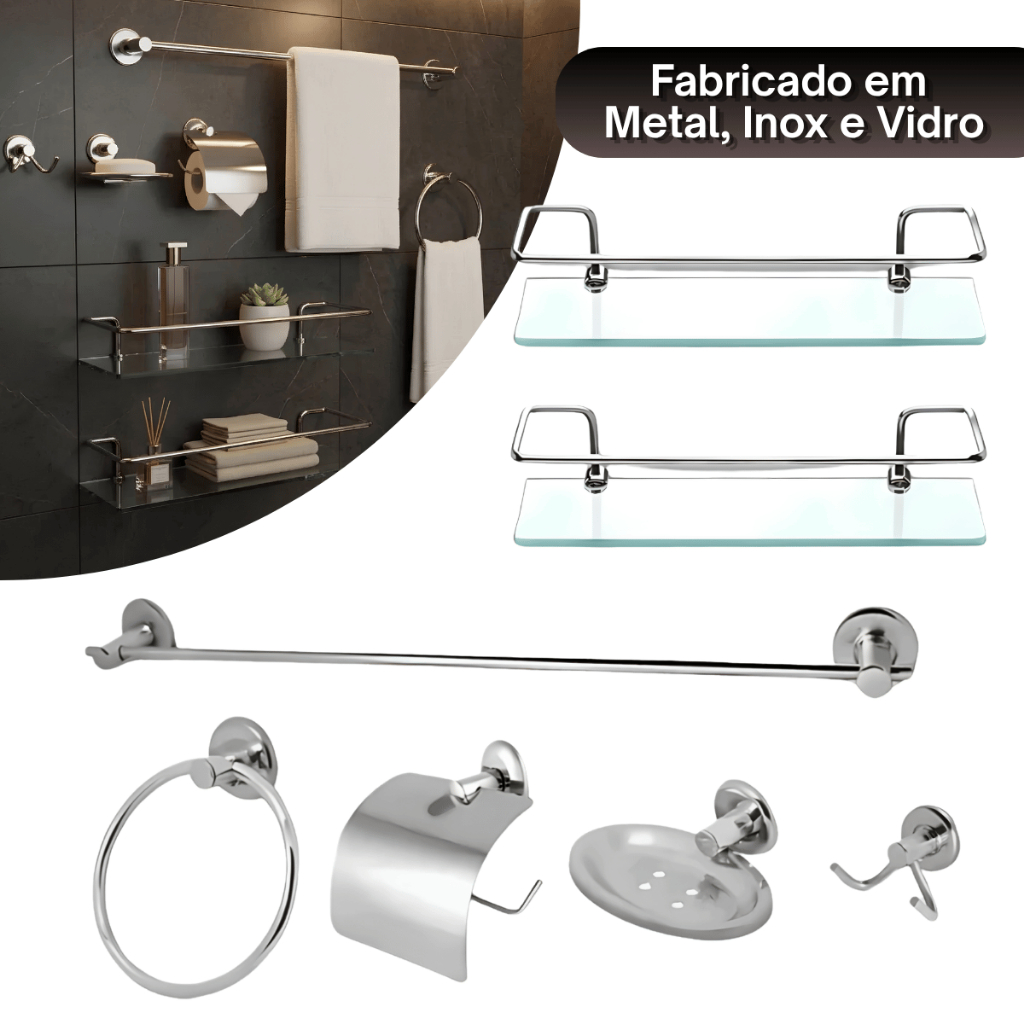 Kit Acessórios Para Banheiro 07 Peças com 02 Porta Shampoo Reto 30cm Cromado