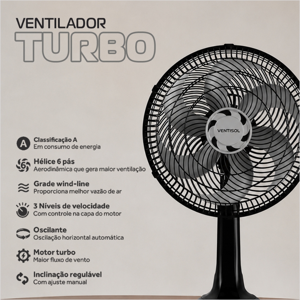Ventilador 40cm Oscilante Ventisol Mesa Ventilador 6 Hélices Ventilador Turbo Silencioso Alta Vazão · foto 2