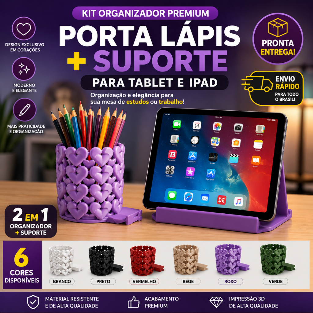 Porta Lápis Coração Com Suporte Para Tablet iPad Organizador Mesa Escritório Home Office