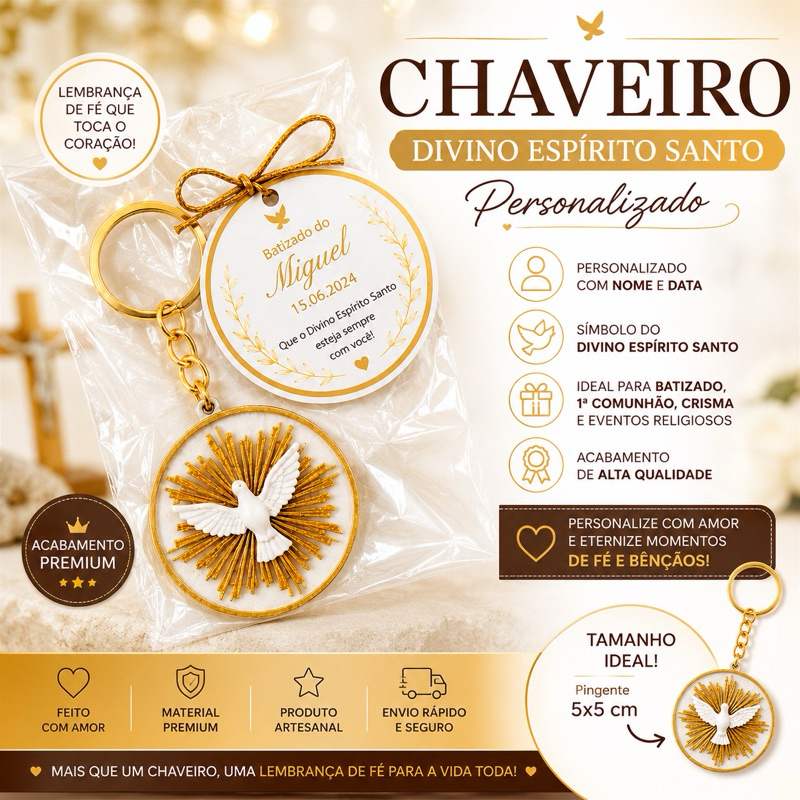 Divino Espírito Santo chaveiro Personalizado com Nome e Data | Lembrancinha Batizado Crisma Primeira Comunhão Eucaristia