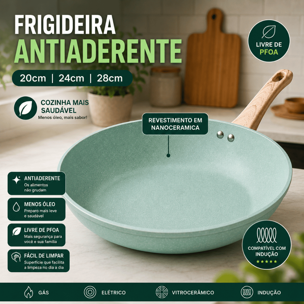 Frigideira Antiaderente 20cm 24cm 28cm Revestimento Nanocerâmica Indução Gás Elétrico SEM PFOA