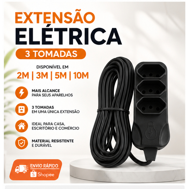 Extensão Elétrica 2, 3, 5 ou 10 METROS - BIVOLT 110/220V 10A TRIPOLAR RESISTENTE COR PRETAA