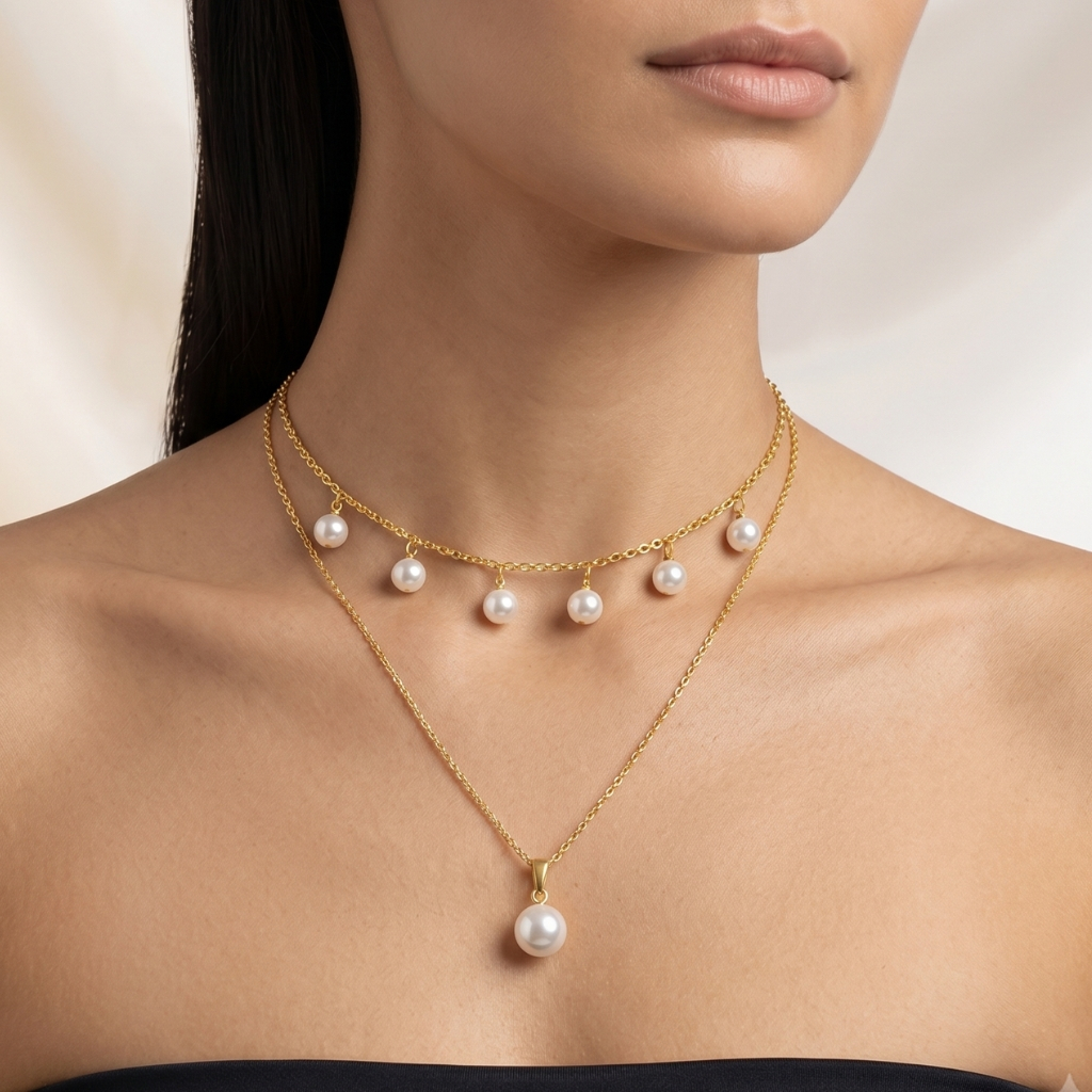 Kit 2 Colares Pérolas Feminino Choker + Colar Folheado a Ouro 18K + Brinco de Brinde ENVIO IMEDIATO