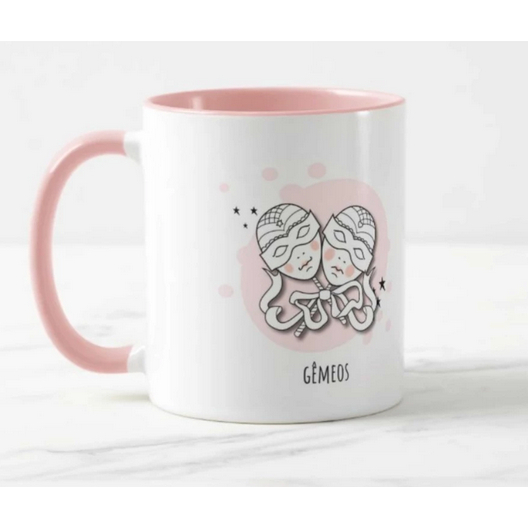 Caneca Xícara Presente Signo Gemeos  Símbolo Universo Astronomia Caneca Rosa