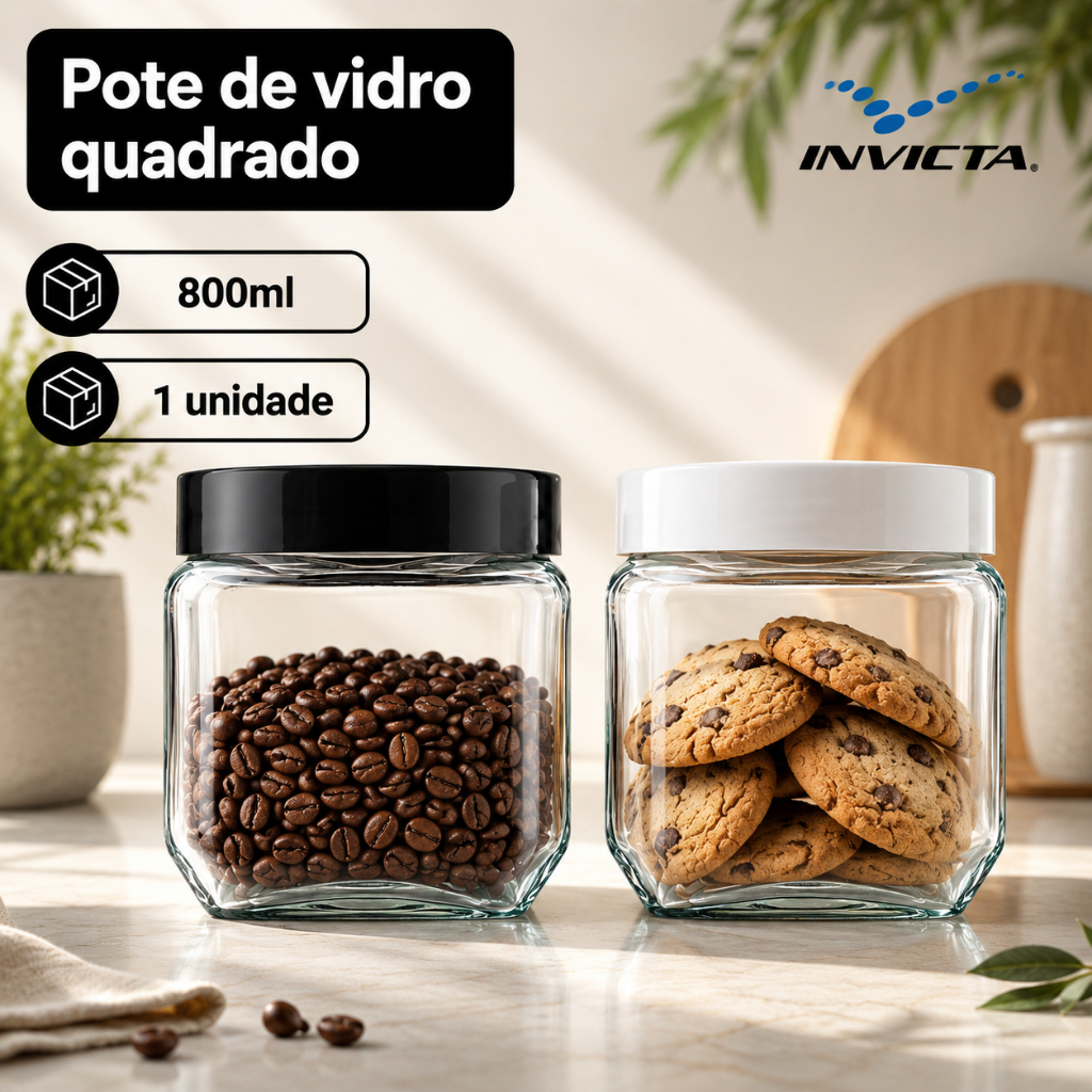 Pote Vidro 800ml Quadrado Tampa Rosca Color Invicta