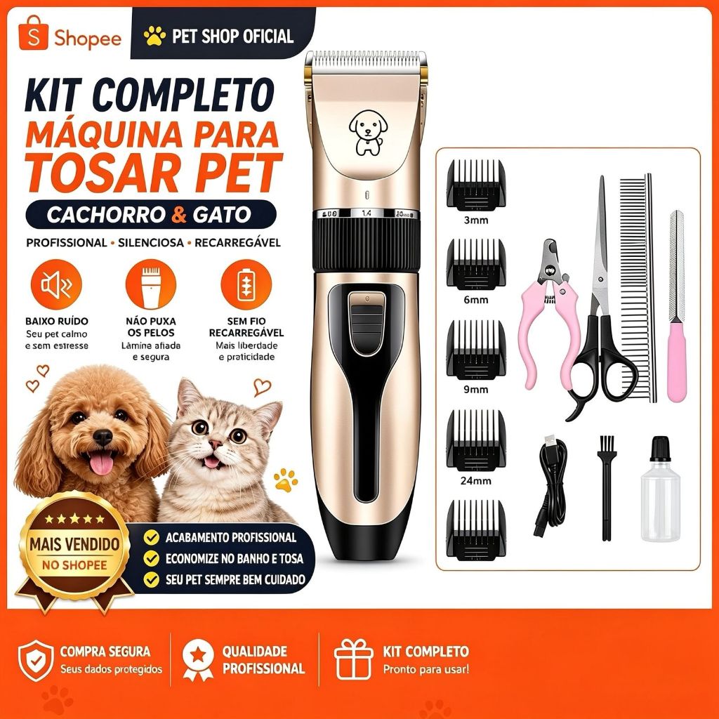 Kit Máquina de Tosa Pet Profissional Completo | Silenciosa para Cachorro e Gato+Tesoura +Pente +Lixa