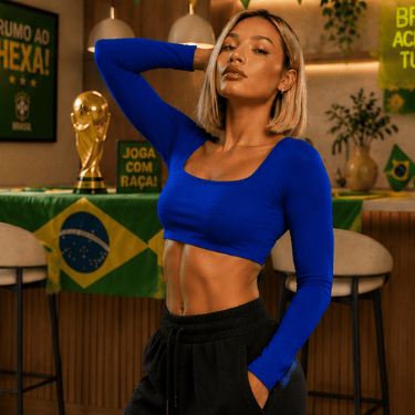 Cropped Feminino Copa do Mundo Brasil 2026 Manga Longa Suplex Premium Decote Quadrado Modelador