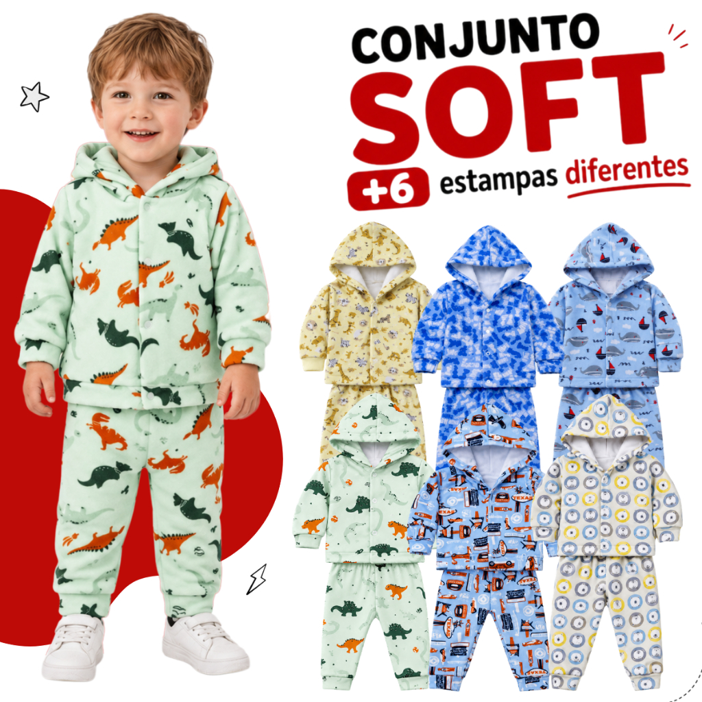 Kit 4 Peças Conjunto Infantil Menino Soft Estampado Bebê Inverno Quentinho – 2 Conjuntos