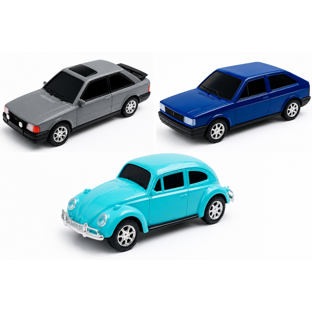 Kit 3 Miniaturas Carros Clássicos Brasileiros – Gol Quadrado, Fusca e Escort XR