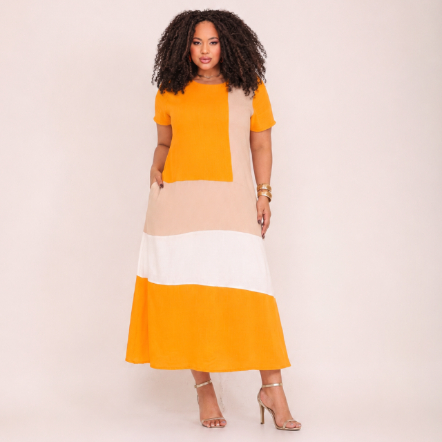 Vestido Midi Plus Size Manga Curta Feminino Tecido ViscoLinho Elegante Forrado Confortável Soltinho Moda Evangélica